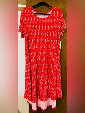 LuLaRoe Carly Bright Red Dress with White Arrow Print